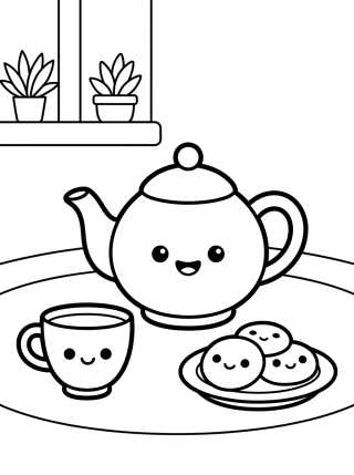 Desenho de Cozy Kitchen with Tea and Cookies para colorir e imprimir grátis
