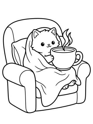Desenho de Kitten Drinking Tea in an Armchair para colorir e imprimir grátis