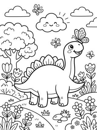 Desenho de Smiling Stegosaurus with Butterfly para colorir e imprimir grátis