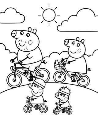 Desenho de Pig Family Riding Bicycles para colorir e imprimir grátis