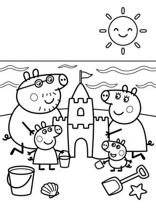 Desenho de Pig Family Building a Sandcastle para colorir e imprimir grátis