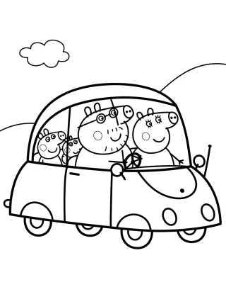 Desenho de Pig Family in the Red Car para colorir e imprimir grátis