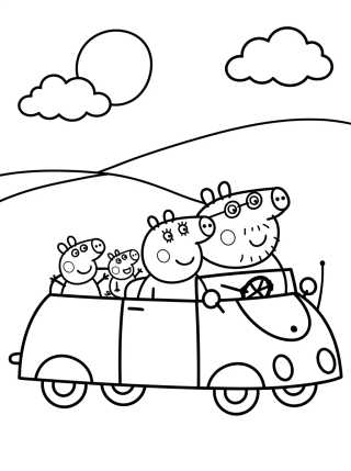 Desenho de Pig Family in the Red Car para colorir e imprimir grátis
