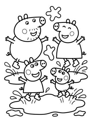 Desenho de Pig Family Jumping in Muddy Puddles para colorir e imprimir grátis