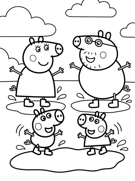 Pig Family Jumping in Muddy Puddles para colorir Desenho de Pig Family Jumping in Muddy Puddles para colorir e imprimir grátis