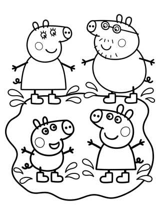 Desenho de Pig Family Jumping in Muddy Puddles para colorir e imprimir grátis