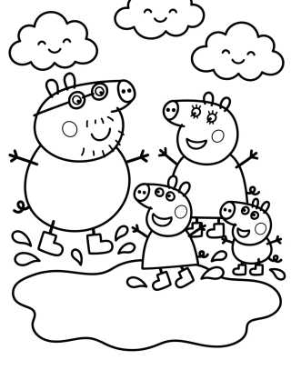 Desenho de Pig Family Jumping in Muddy Puddles para colorir e imprimir grátis