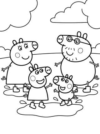Desenho de Pig Family Jumping in Muddy Puddles para colorir e imprimir grátis
