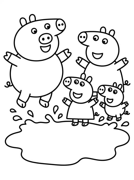 Desenho de Pig Family Jumping in Muddy Puddles para colorir e imprimir grátis