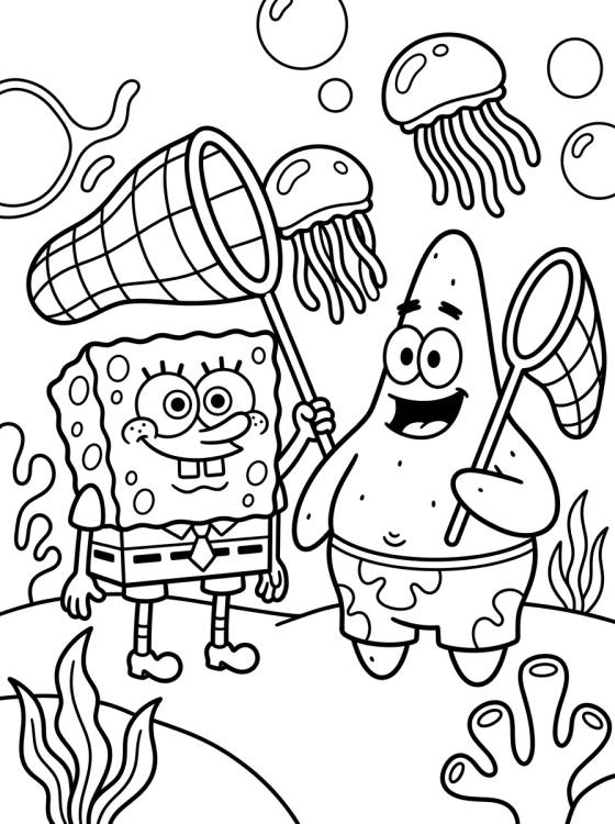 Desenho de SpongeBob and Patrick Jellyfishing para colorir e imprimir grátis