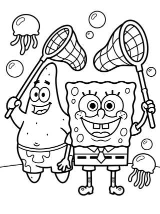 Desenho de SpongeBob and Patrick Jellyfishing para colorir e imprimir grátis