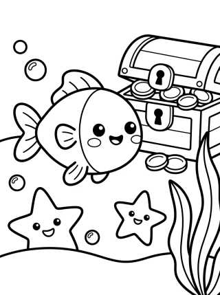 Desenho de Cute Little Fish and Treasure para colorir e imprimir grátis