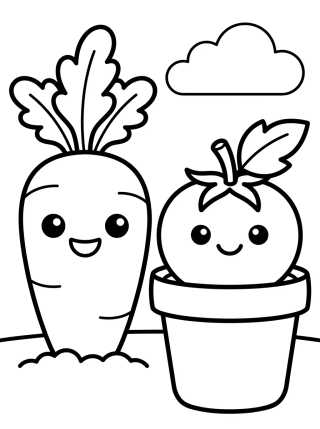 Desenho de Cute Carrot and Tomato in the Garden para colorir e imprimir grátis