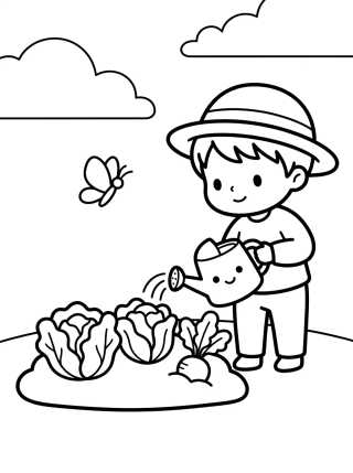 Desenho de Kid Watering the Garden para colorir e imprimir grátis