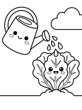 Desenho de Cute Watering Can and Lettuce Patch para colorir e imprimir grátis