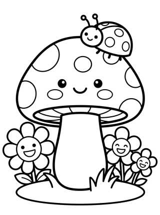 Desenho de Kawaii Mushroom and Flowers para colorir e imprimir grátis