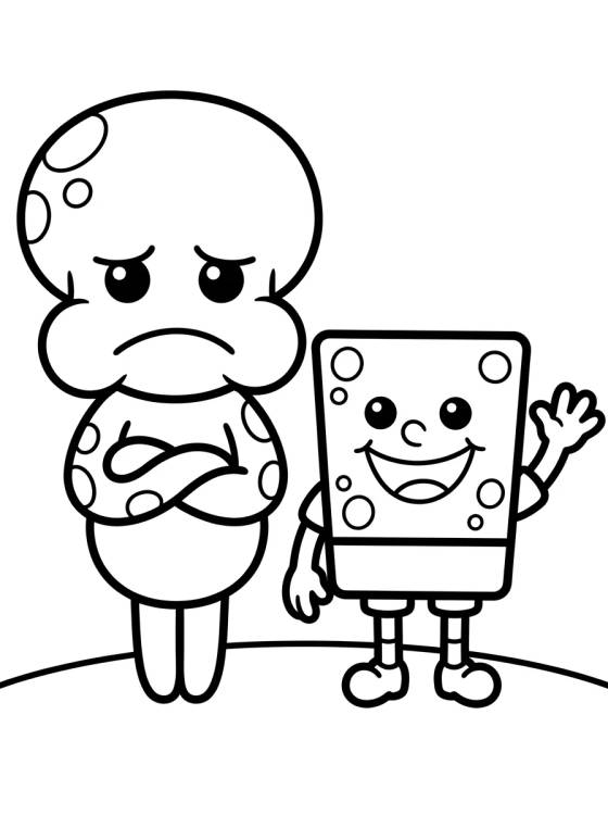 Desenho de Cute Squidward and SpongeBob para colorir e imprimir grátis