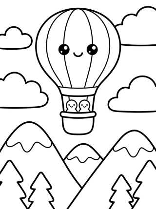 Desenho de Hot Air Balloon Flying Over Mountains para colorir e imprimir grátis
