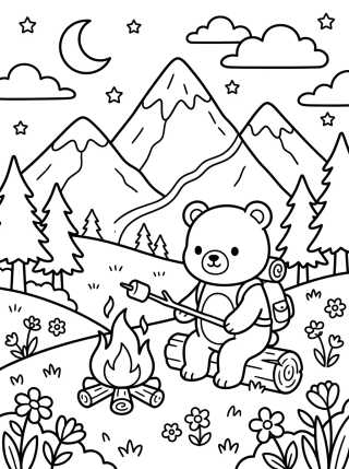 Desenho de Cute Bear Camping in the Mountains para colorir e imprimir grátis