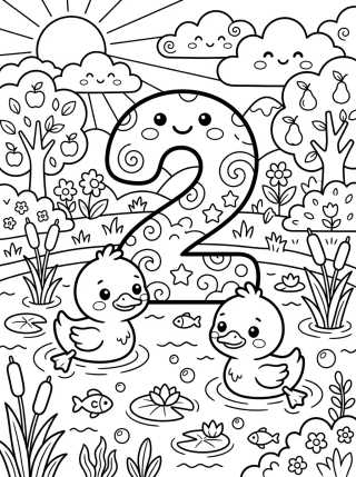 Desenho de Number 2 with Cute Ducklings para colorir e imprimir grátis