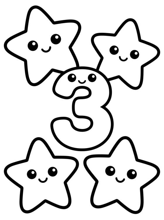 Desenho de Number 3 and Three Little Stars para colorir e imprimir grátis