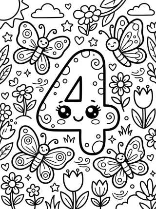 Desenho de Number 4 with Butterflies para colorir e imprimir grátis