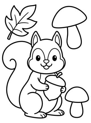 Desenho de Cute Squirrel with Nuts and Mushrooms para colorir e imprimir grátis