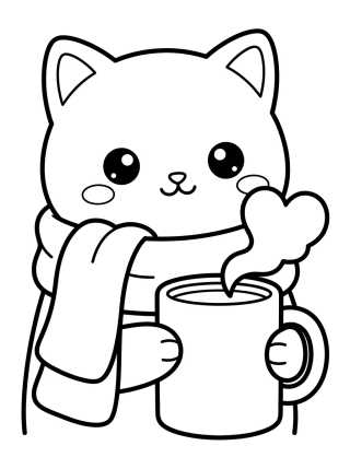 Desenho de Kitten with Scarf and Hot Chocolate para colorir e imprimir grátis