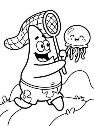 Desenho de Patrick Star Catching Jellyfish para colorir e imprimir grátis
