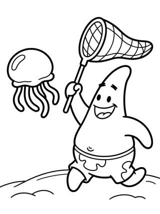 Desenho de Patrick Star Catching Jellyfish para colorir e imprimir grátis