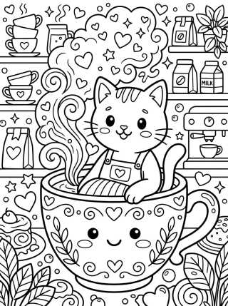 Desenho de Barista Kitty in a Teacup para colorir e imprimir grátis