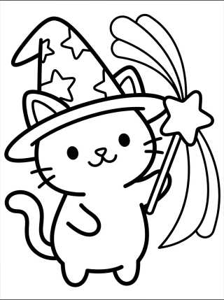 Desenho de Cute Wizard Kitty with a Magic Wand para colorir e imprimir grátis