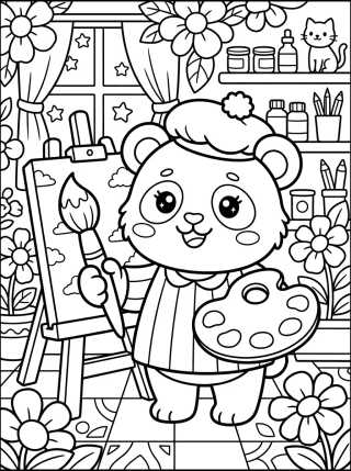 Desenho de Panda Artist with Color Palette para colorir e imprimir grátis