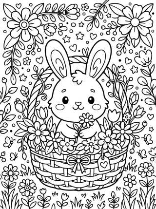 Desenho de Cute Bunny in Flower Basket para colorir e imprimir grátis