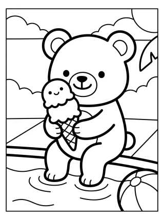 Desenho de Teddy Bear Eating Ice Cream by the Pool para colorir e imprimir grátis