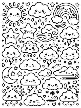 Desenho de Kawaii Weather and Forecast Stickers para colorir e imprimir grátis