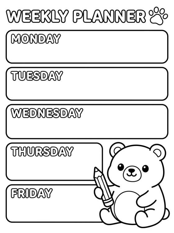 Desenho de Cute Bear Weekly Planner para colorir e imprimir grátis