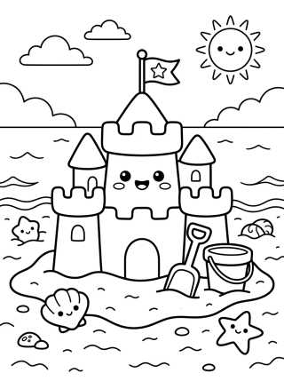 Desenho de Happy Kawaii Sandcastle para colorir e imprimir grátis