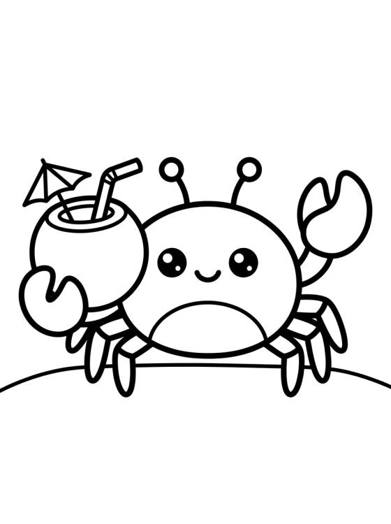 Desenho de Kawaii Crab Drinking Coconut Water para colorir e imprimir grátis