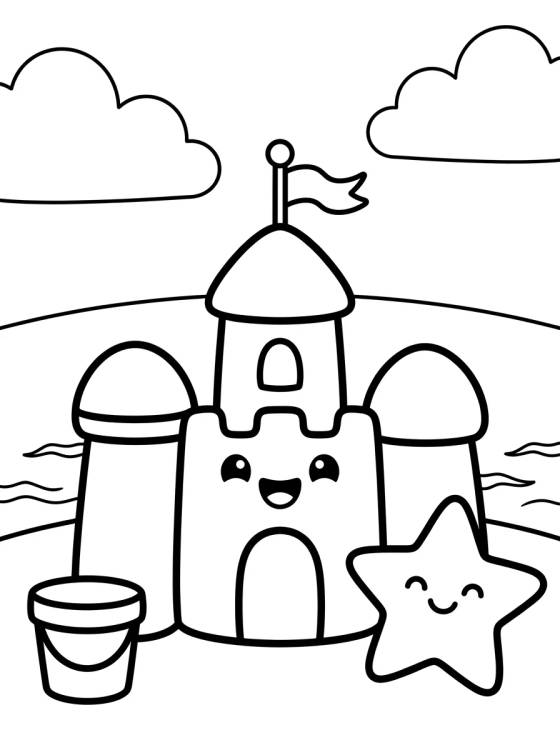 Desenho de Kawaii Sandcastle at the Beach para colorir e imprimir grátis