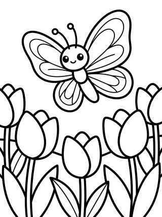 Desenho de Kawaii Butterfly in a Tulip Garden para colorir e imprimir grátis