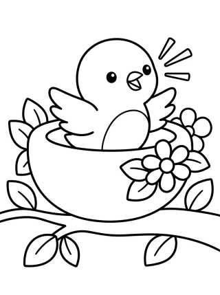 Desenho de Cute Bird in a Flowery Nest para colorir e imprimir grátis