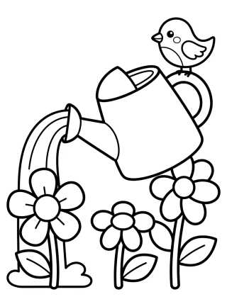 Desenho de Flower Watering Can and Little Bird para colorir e imprimir grátis