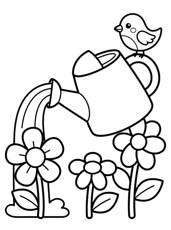 Desenho de Flower Watering Can and Little Bird para colorir e imprimir grátis