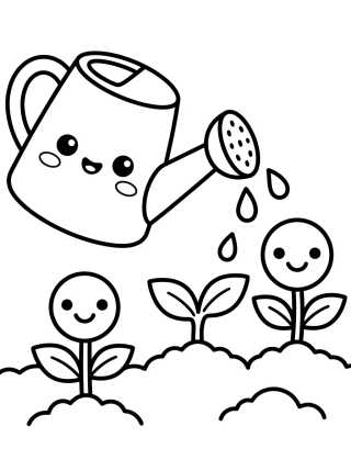 Desenho de Cute Watering Can and Smiling Sprouts para colorir e imprimir grátis