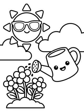 Desenho de Cute Sun and Garden Watering Can para colorir e imprimir grátis