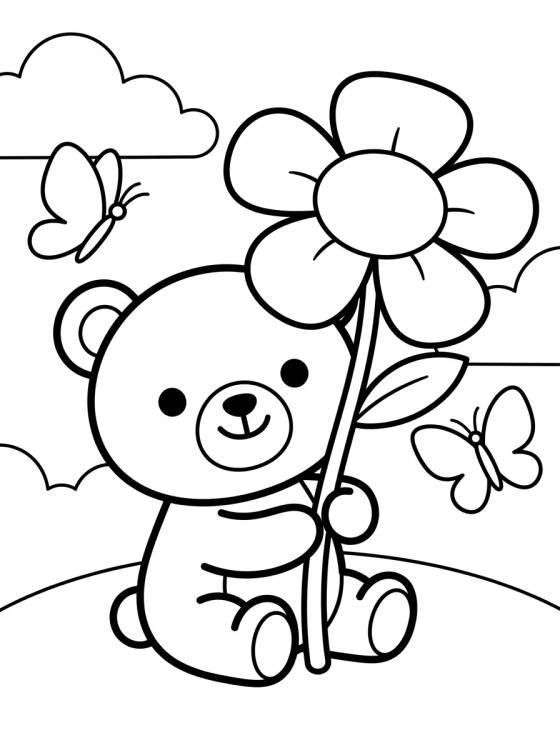 Desenho de Little Bear with Spring Flower para colorir e imprimir grátis