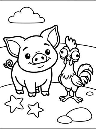 Desenho de Pua and Hei Hei Together at the Beach para colorir e imprimir grátis