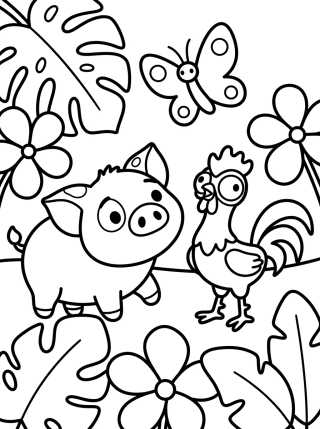 Desenho de Pua and Hei Hei in the Tropical Forest para colorir e imprimir grátis