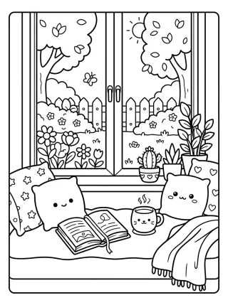 Desenho de Cozy Coffee and Reading Window Nook para colorir e imprimir grátis